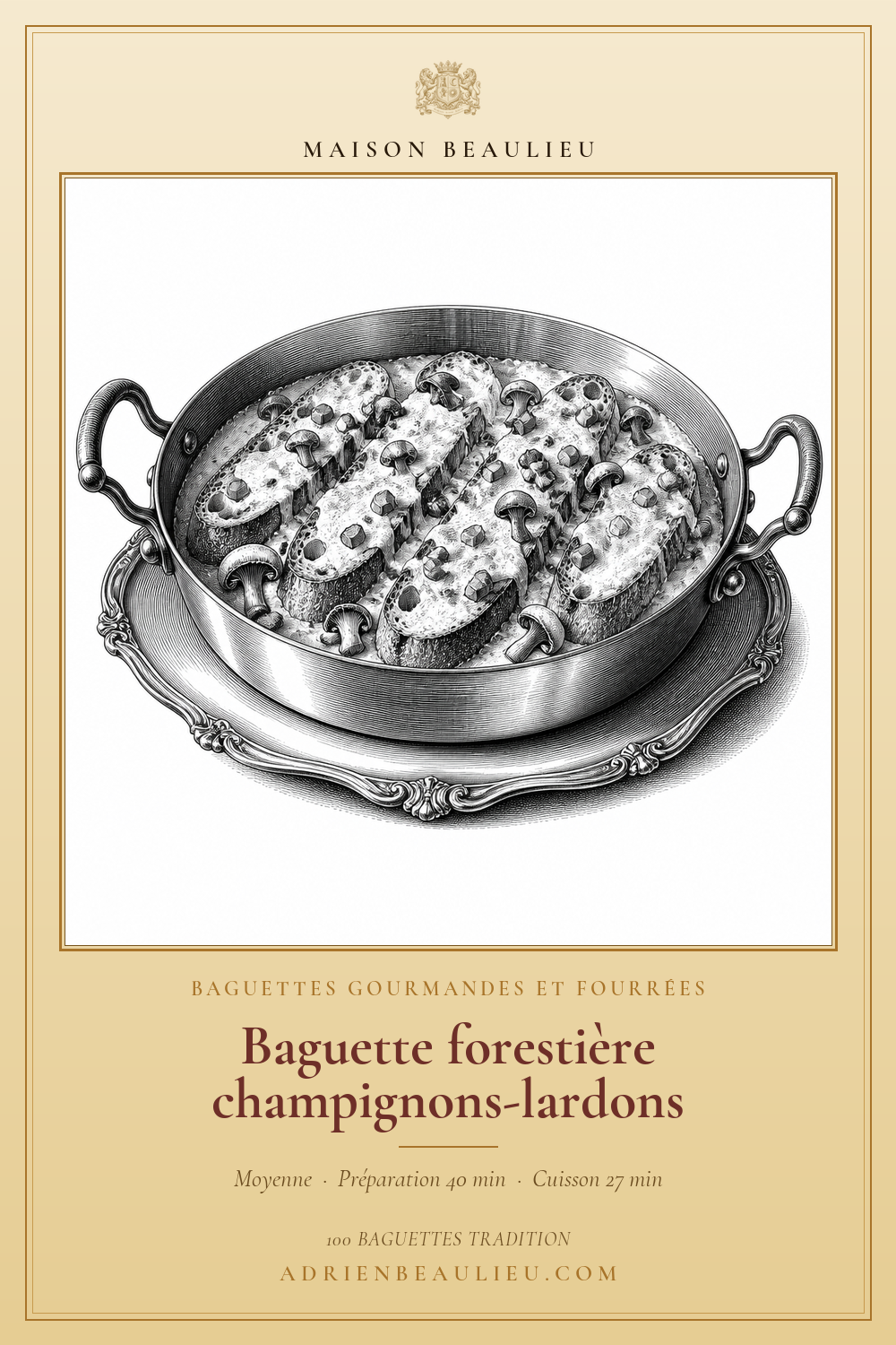 Gravure de tranches de baguette couvertes d’une garniture crémeuse aux champignons et aux lardons dans un plat à deux poignées.