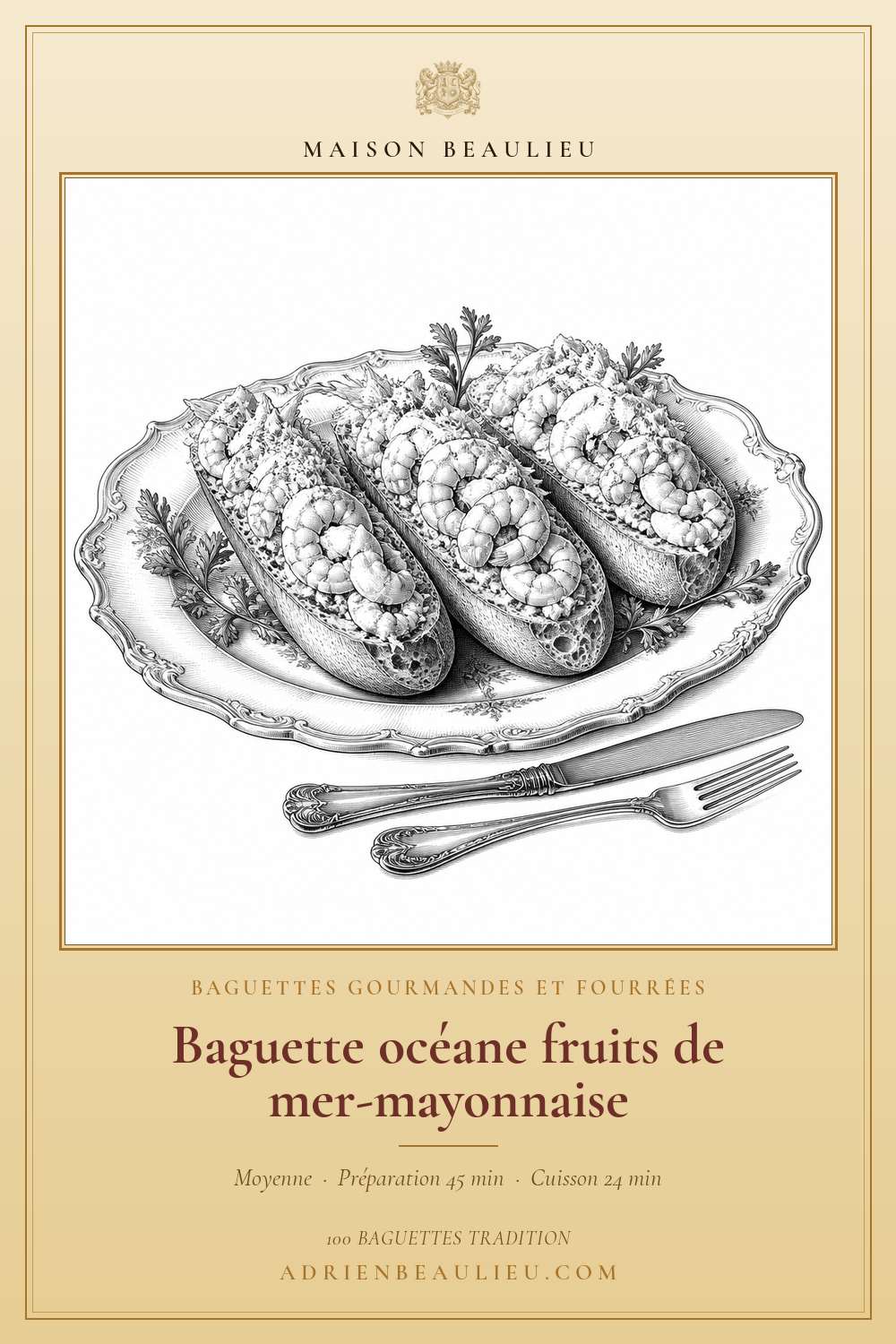 Gravure de trois baguettes ouvertes garnies de crevettes et d’une préparation crémeuse, présentées avec des herbes.
