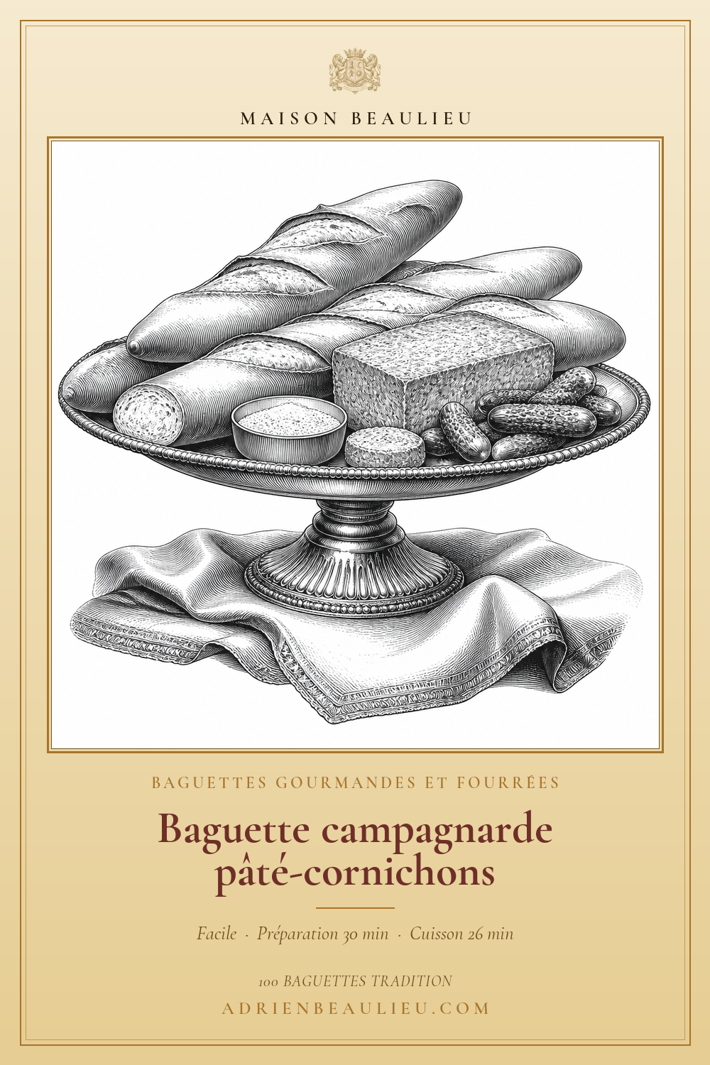 Gravure de baguettes, d’un pâté de campagne et de cornichons présentés sur un plat surélevé.