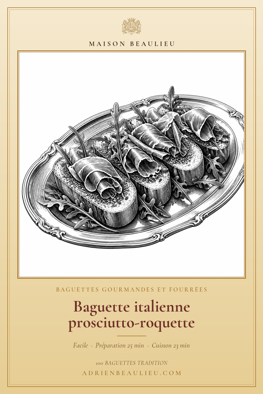 Gravure de tartines de baguette garnies de fines tranches de jambon cru et de feuilles de roquette sur un plat.