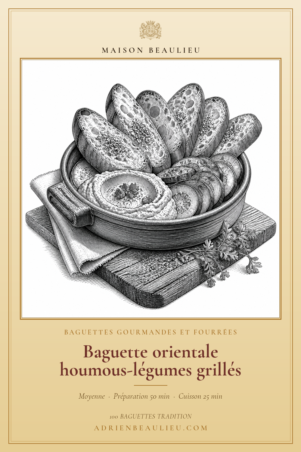 Gravure de morceaux de baguette, d’un bol de houmous et de légumes tranchés disposés sur une planche.