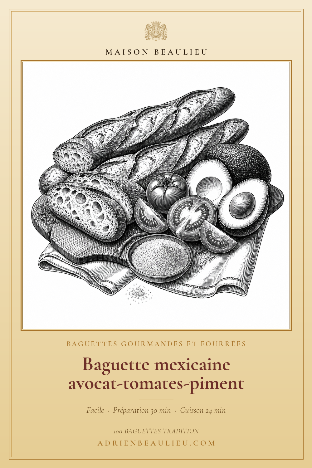 Gravure de baguettes accompagnées d’avocats ouverts, de tomates et d’un petit bol d’assaisonnement.