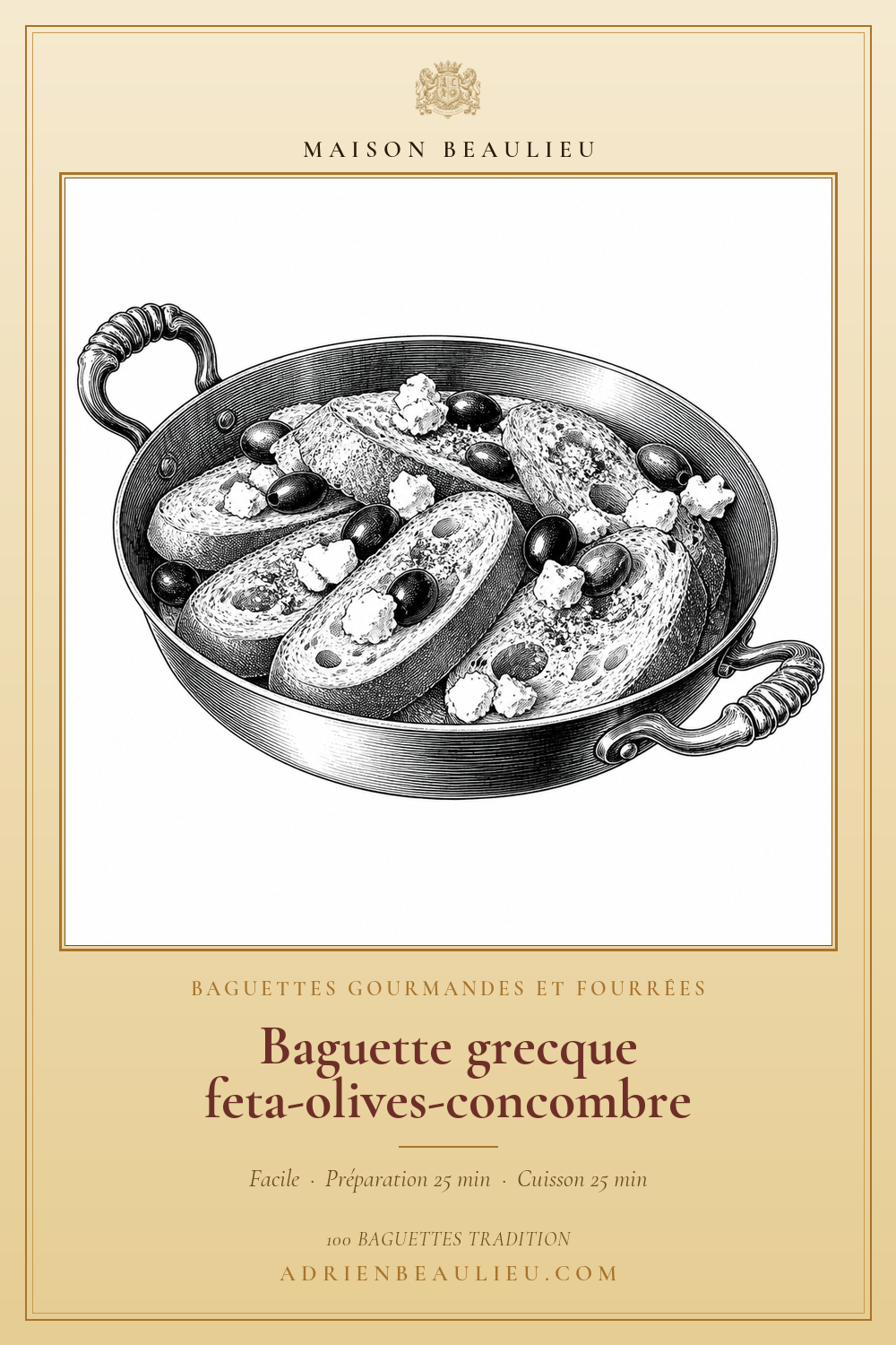Gravure de tartines de baguette garnies de feta et d’olives noires, présentées dans un plat à poignées.