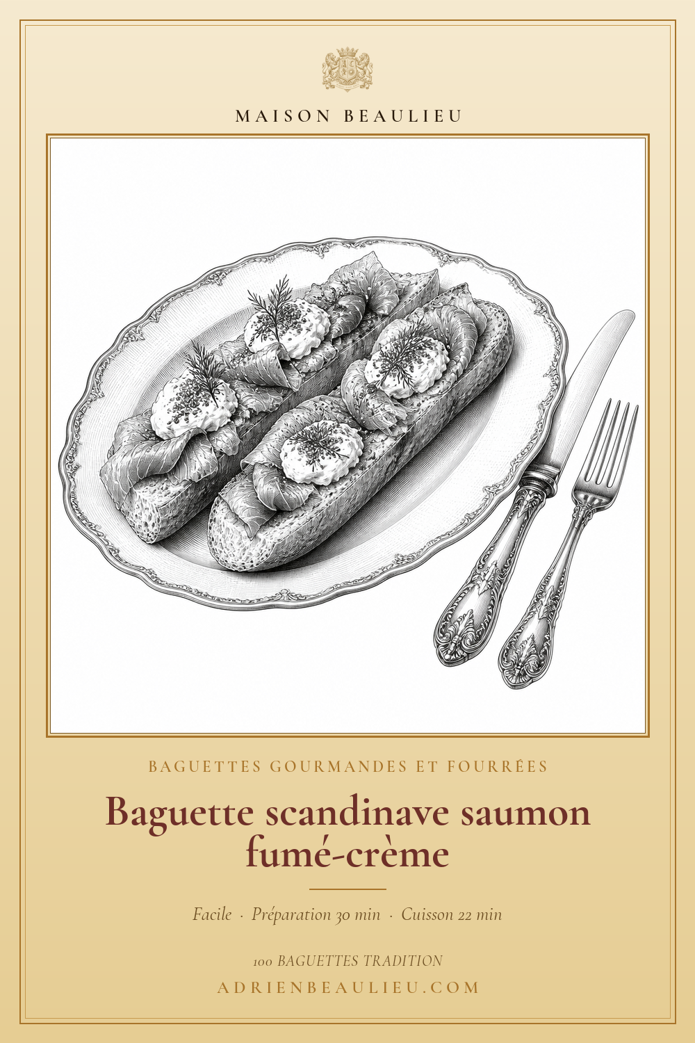 Gravure de deux demi-baguettes garnies de saumon fumé, de crème et d’aneth sur un plat de service.