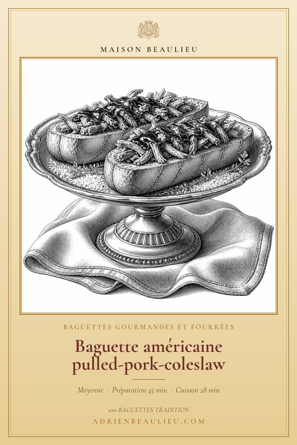 Gravure de deux baguettes ouvertes généreusement garnies de porc effiloché et de chou sur un plat surélevé.