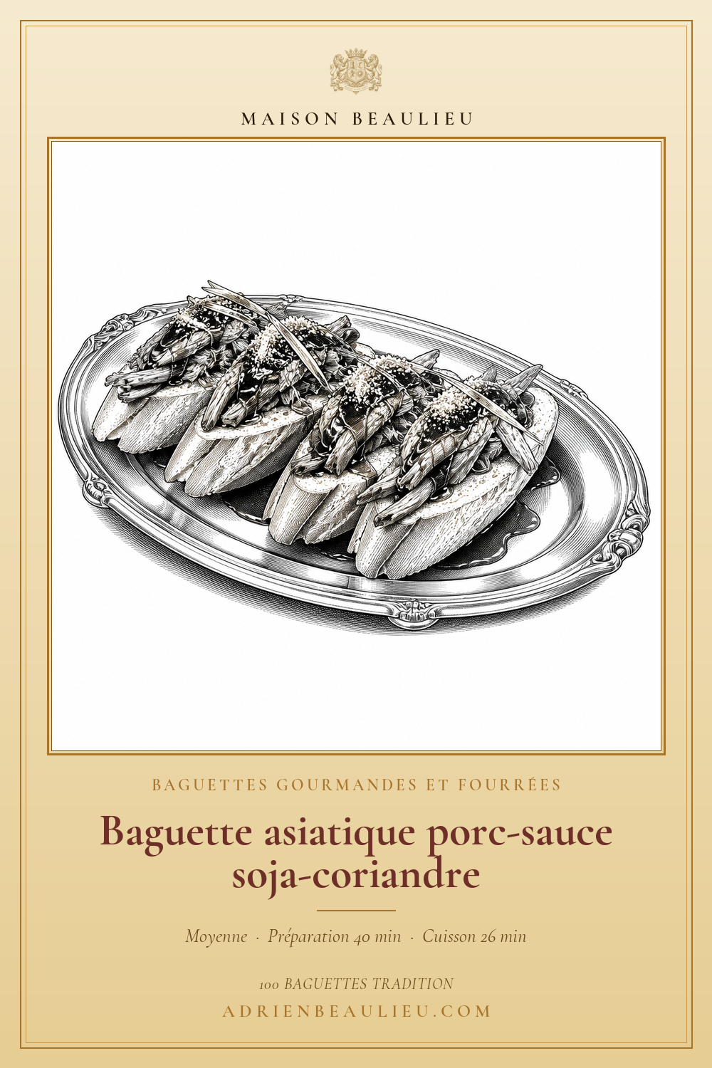 Gravure de morceaux de baguette garnis de porc émincé en sauce et d’herbes, présentés avec des baguettes de table.