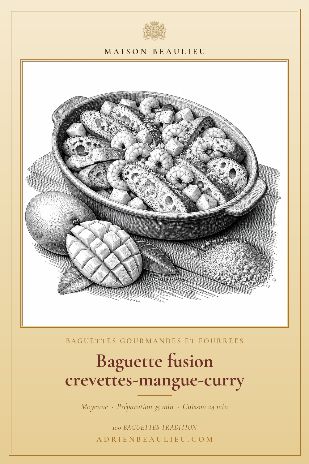 Gravure de morceaux de baguette, de crevettes et de dés de mangue réunis dans un plat, avec une mangue ouverte au premier plan.