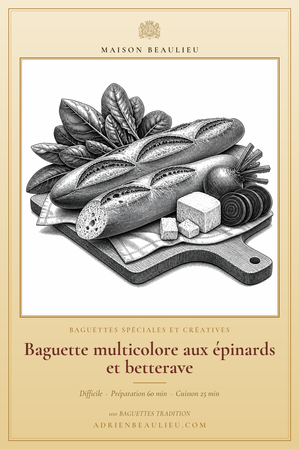 Gravure de baguettes entourées de feuilles d'épinard, de betteraves et de morceaux de fromage sur une planche.