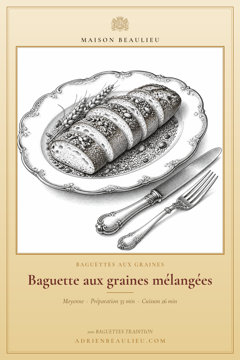 Gravure d'une baguette tranchée, couverte de graines mélangées et présentée avec des épis de céréales.