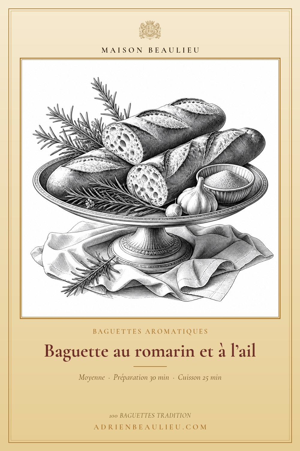 Gravure de baguettes présentées avec des branches de romarin et des gousses d'ail.