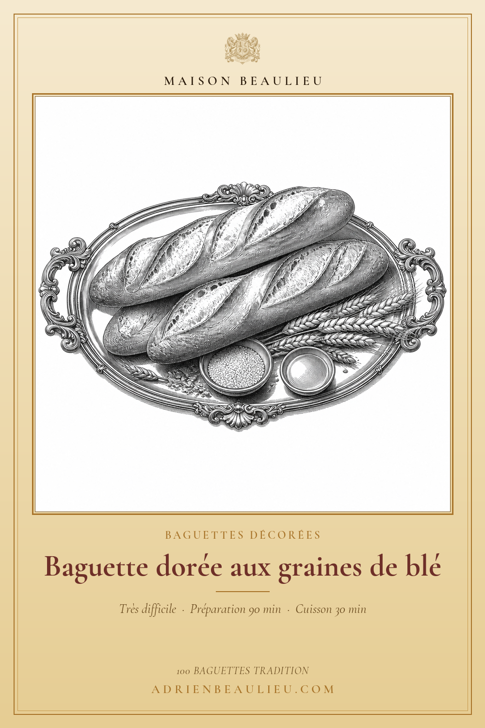 Gravure de baguettes dorées présentées avec des épis et un petit bol de graines de blé.