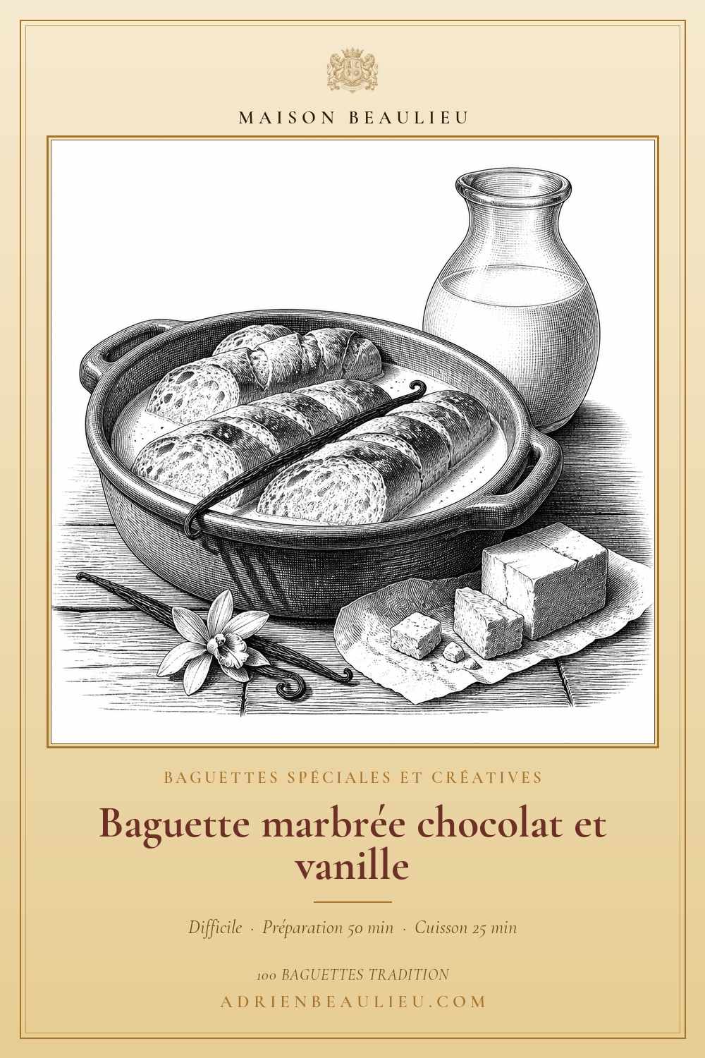 Gravure de baguettes à bandes claires et foncées présentées avec une gousse et une fleur de vanille, du lait et du beurre.