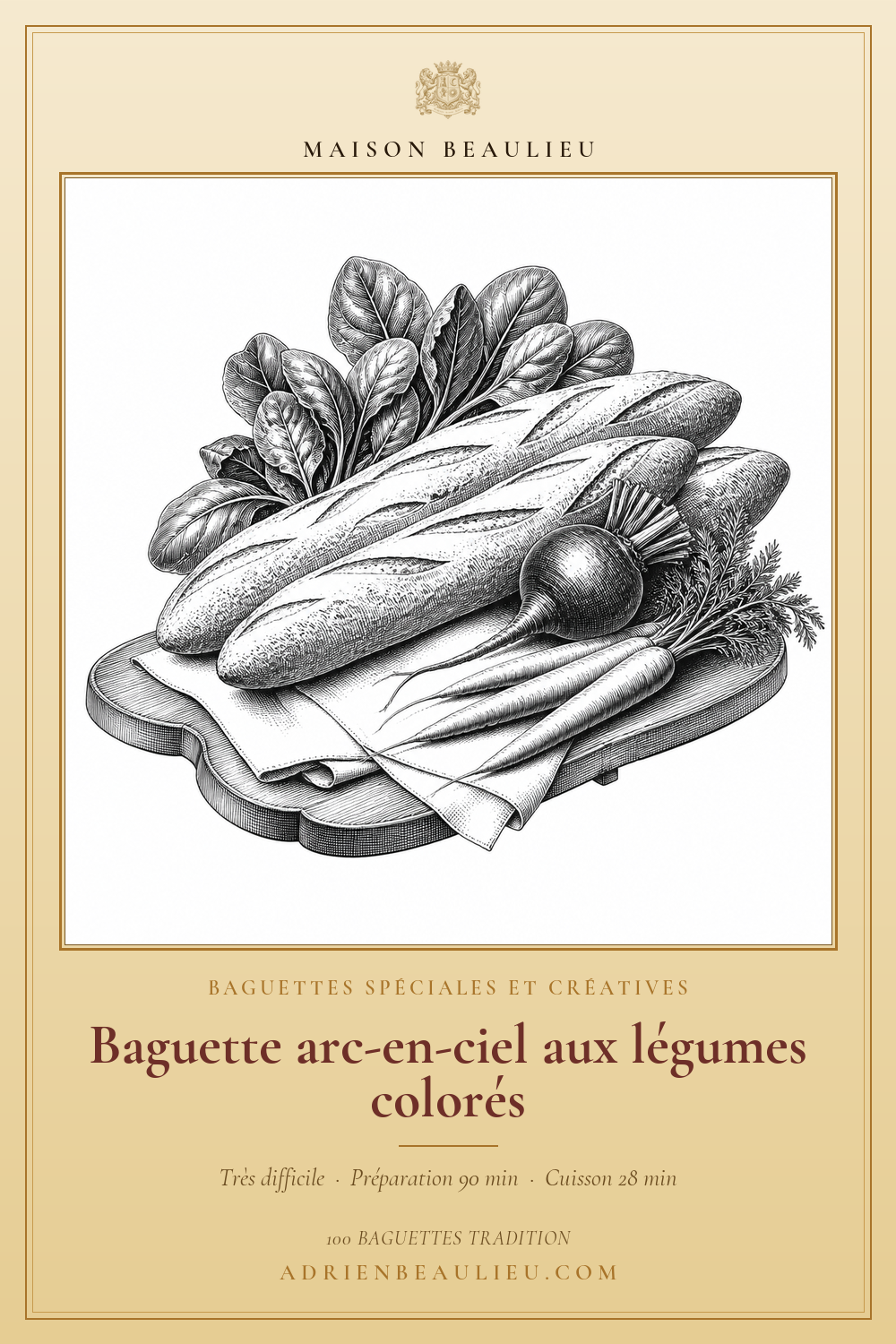 Gravure de baguettes servies avec des épinards, des betteraves et des carottes sur une grande assiette.