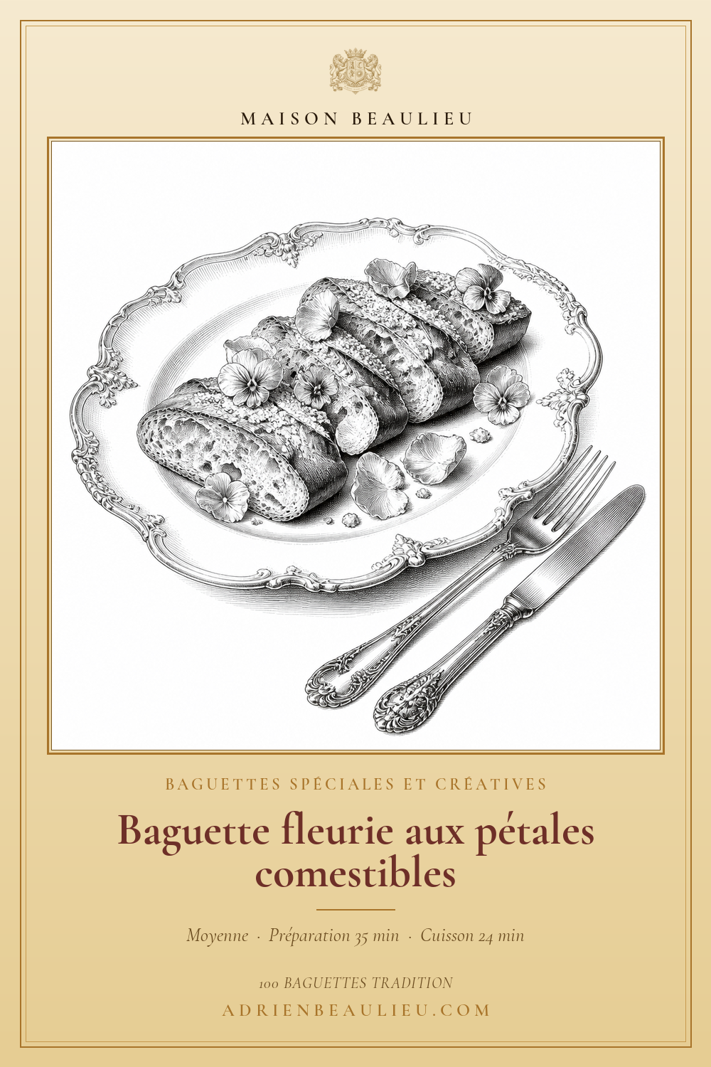 Gravure de tranches de baguette décorées de fleurs et de pétales, disposées sur une assiette ornée.