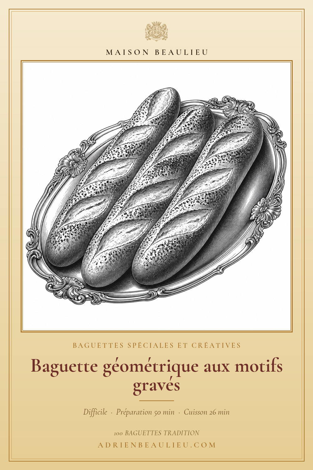 Gravure de trois baguettes décorées de séries régulières d’entailles et de bandes de graines sur un plateau ovale.