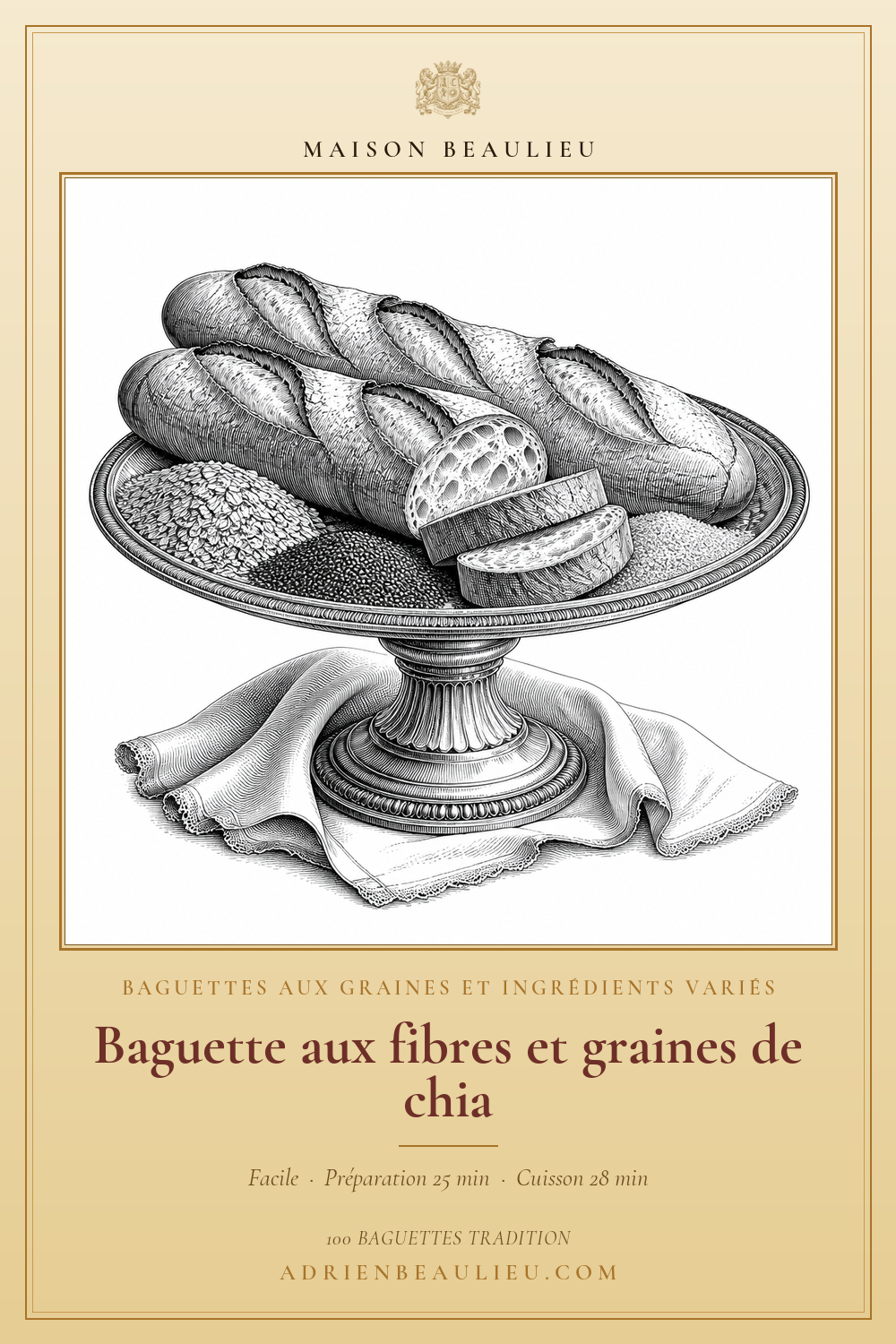 Gravure de baguettes complètes présentées avec des flocons de son d'avoine et de petites graines de chia.