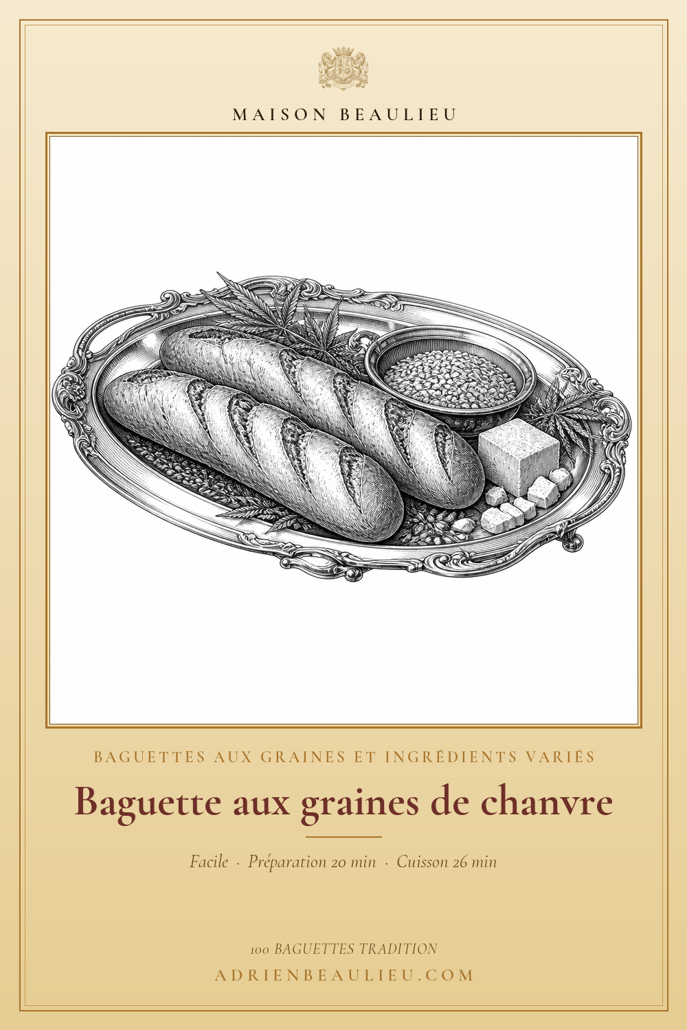 Gravure de deux baguettes aux graines présentées avec des graines et des feuilles de chanvre sur un plateau ouvragé.
