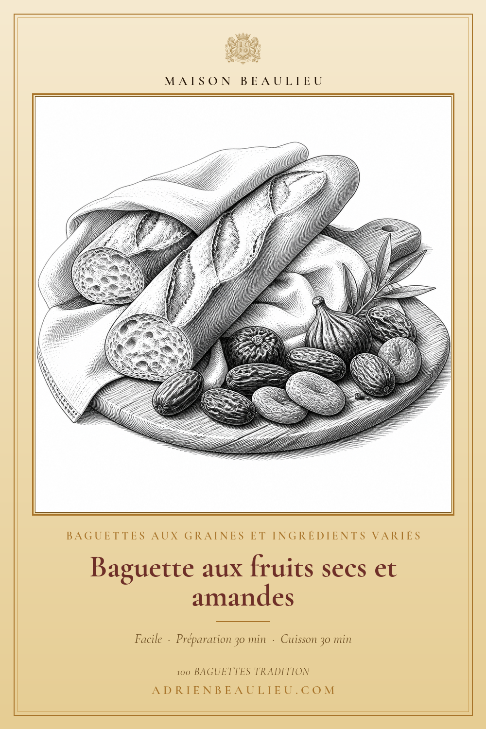 Gravure de deux baguettes servies avec des figues, des fruits séchés et des amandes sur une planche.