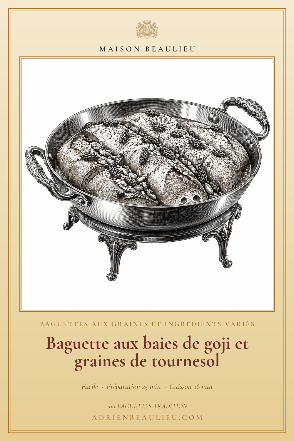 Gravure de baguettes garnies de baies séchées et de graines dans une coupe en métal ouvragée.