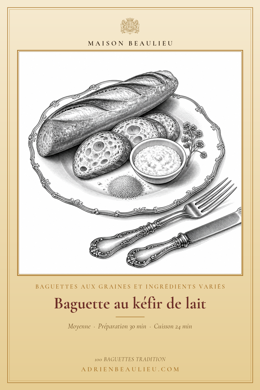 Gravure de baguettes et de petits pains alvéolés présentés avec un bol de kéfir de lait.