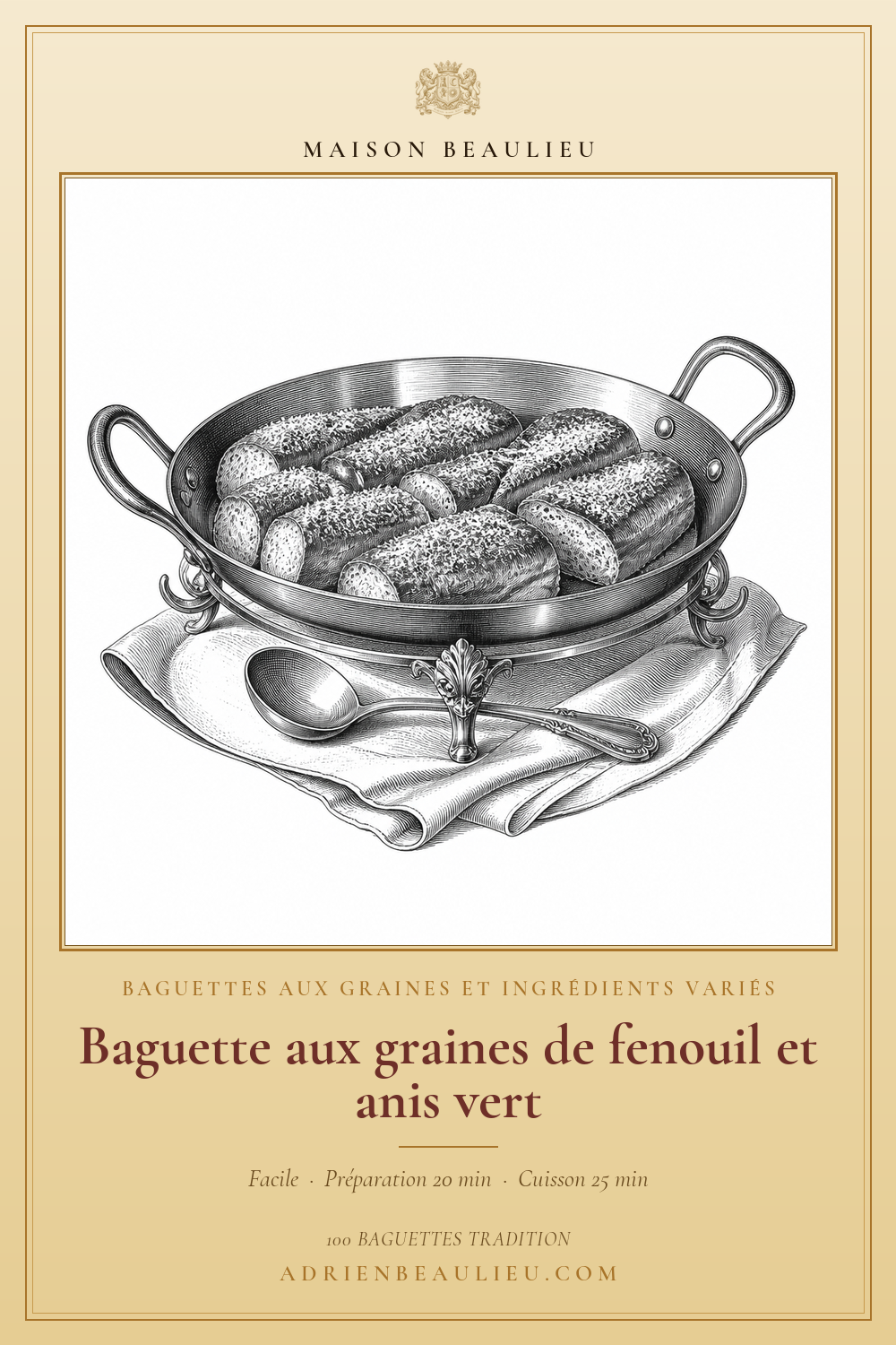 Gravure de petites baguettes couvertes de graines, réunies dans une grande poêle sur un support ouvragé.