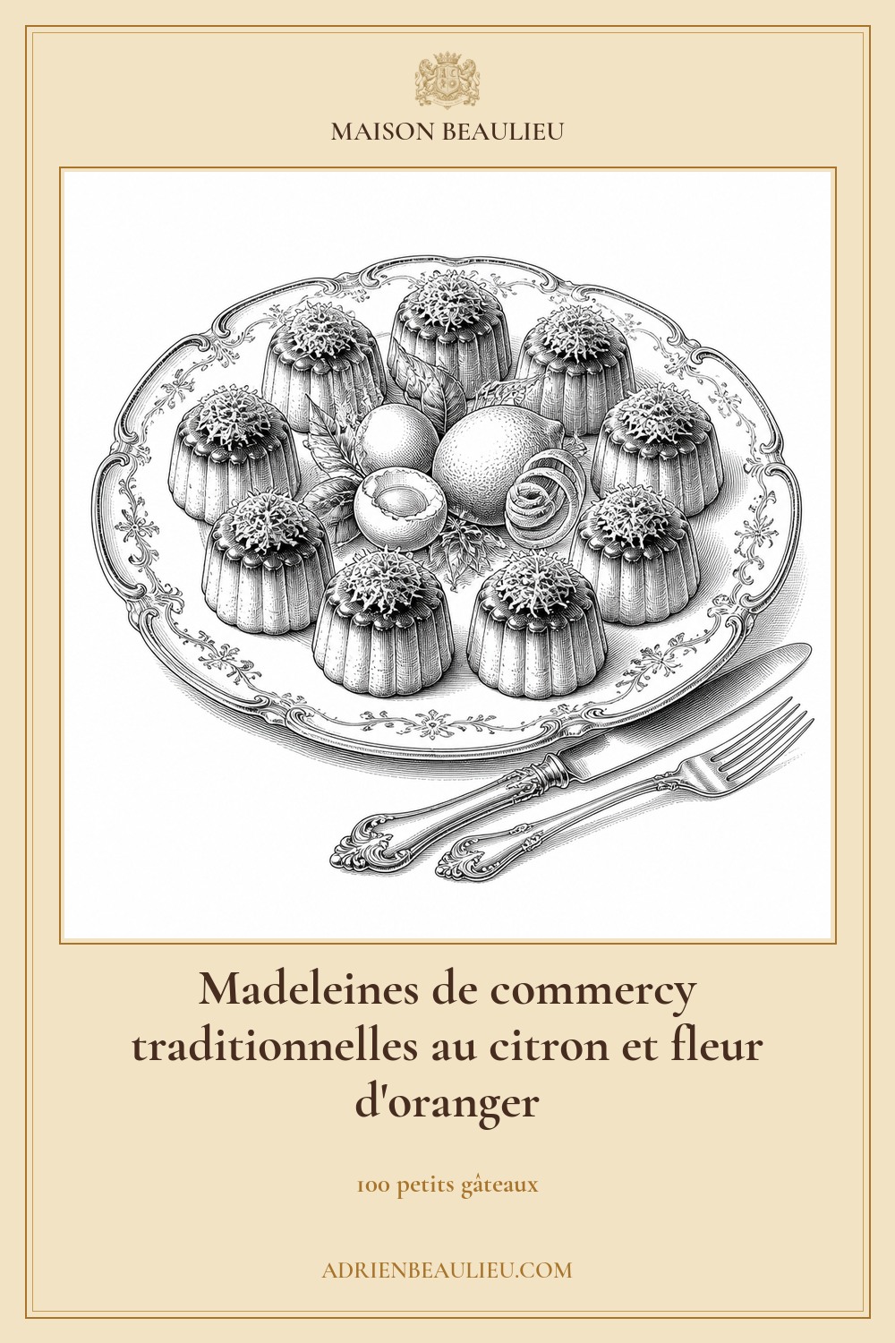 Illustration culinaire : madeleines de commercy traditionnelles au citron et fleur d'oranger.