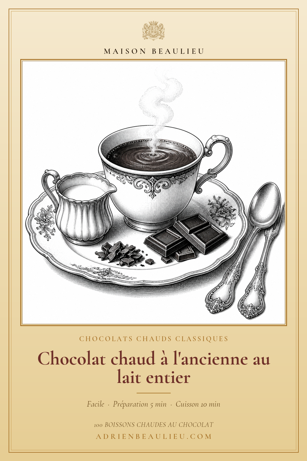 Gravure d’une tasse fumante, d’un pot de lait et de carrés de chocolat sur un plateau, avec le titre de la recette.