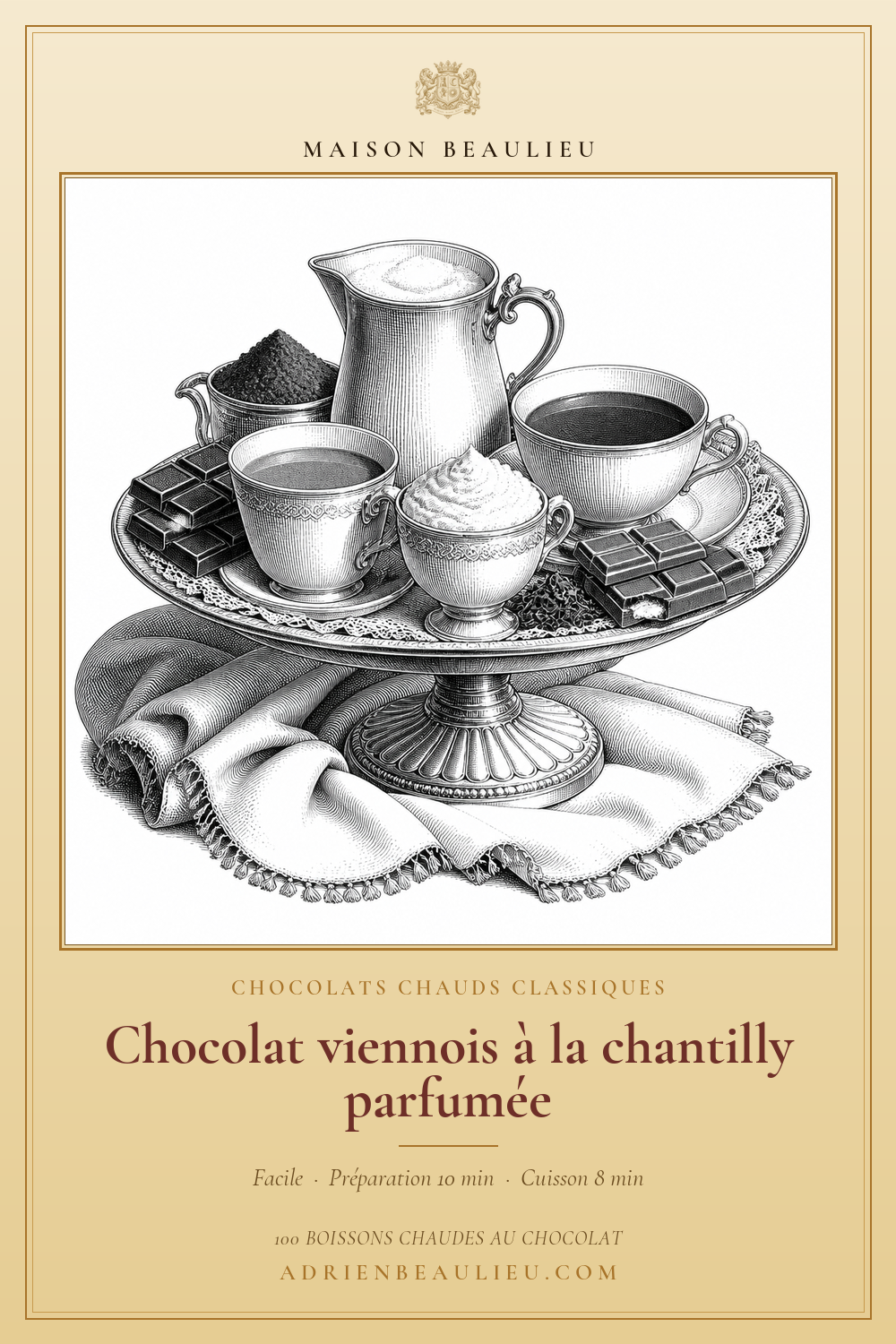 Gravure de tasses de chocolat, d’un pichet de lait et d’une coupe de chantilly sur un plateau, avec le titre de la recette.