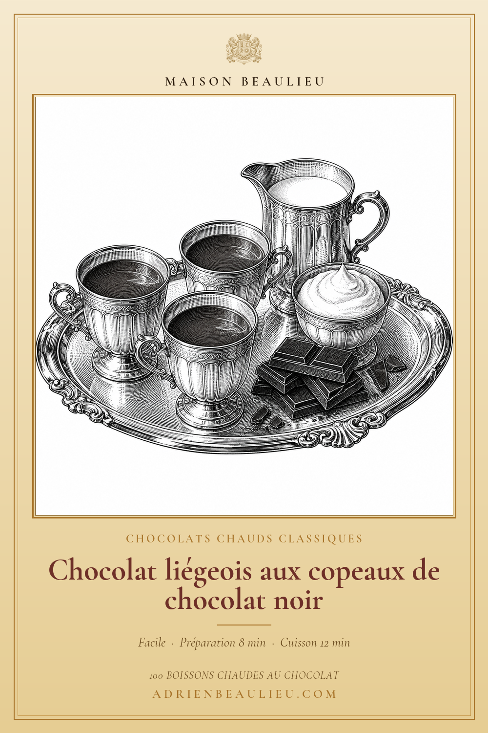 Gravure de tasses, d’un pichet et de morceaux de chocolat sur un plateau, avec le titre du chocolat liégeois.