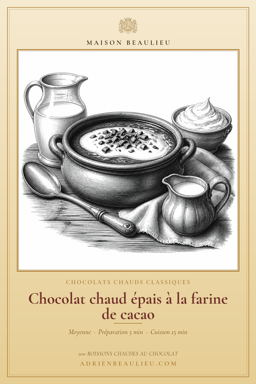 Gravure d’un bol de chocolat chaud épais garni de crème et de copeaux de chocolat, avec un pichet de lait et une cuillère.