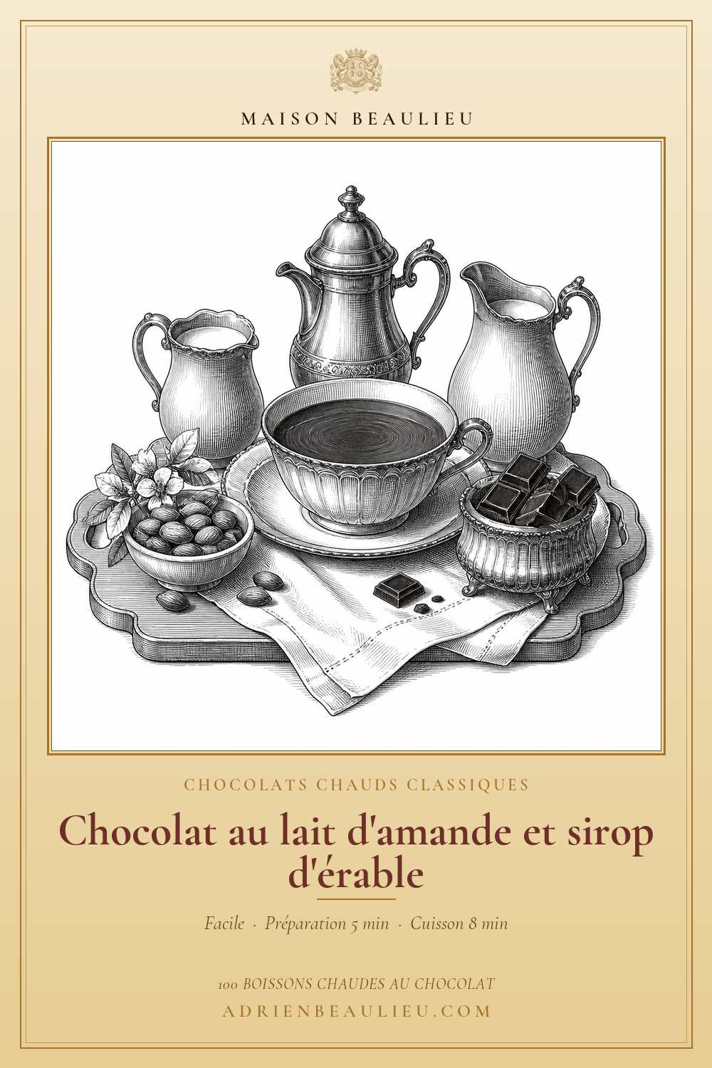 Gravure d’une tasse de chocolat entourée de pichets, d’amandes et de morceaux de chocolat, avec le titre de la recette.