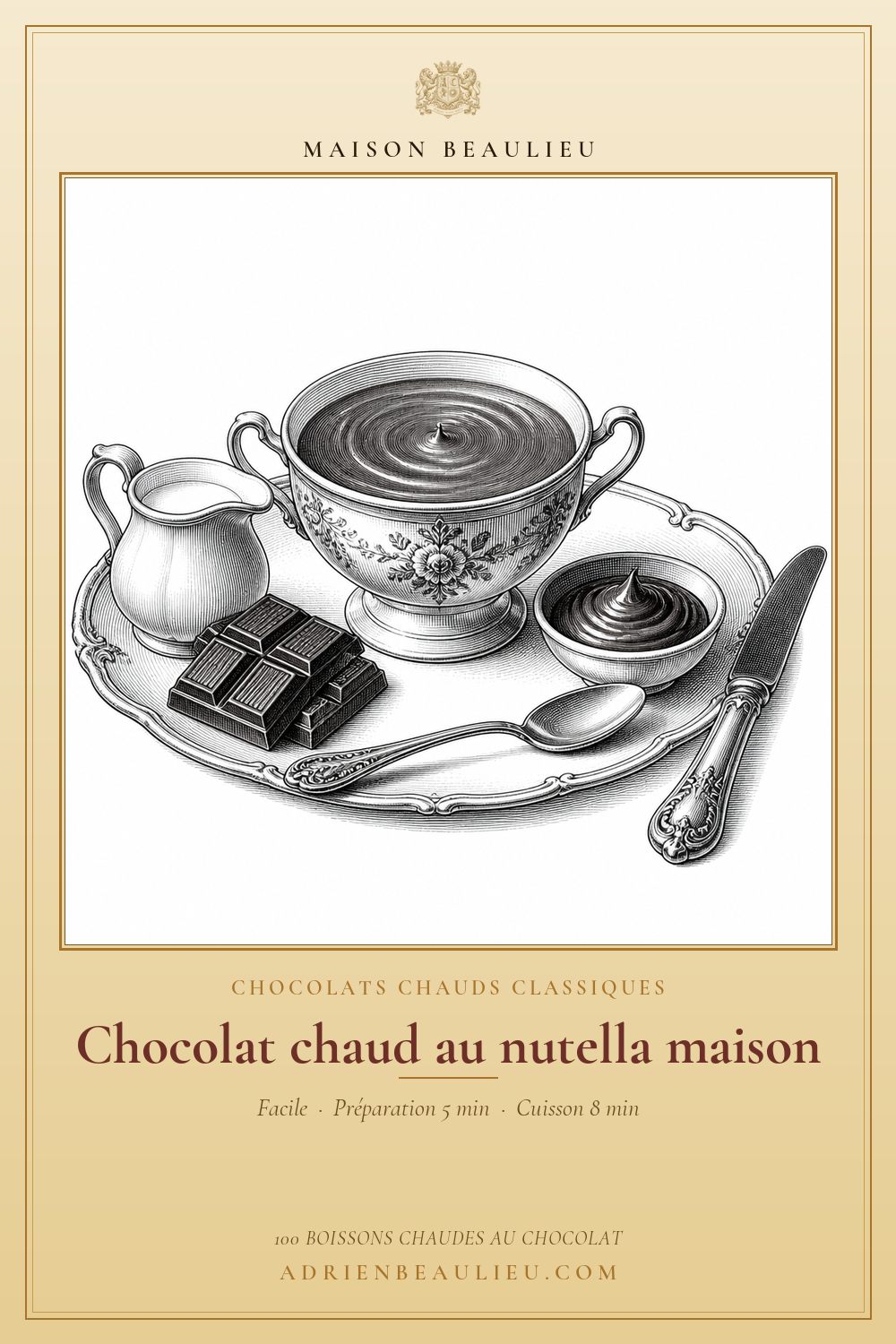Gravure d’une tasse de chocolat chaud, d’un pichet de lait et d’un bol de pâte à tartiner sur un plateau, avec le titre de la recette.