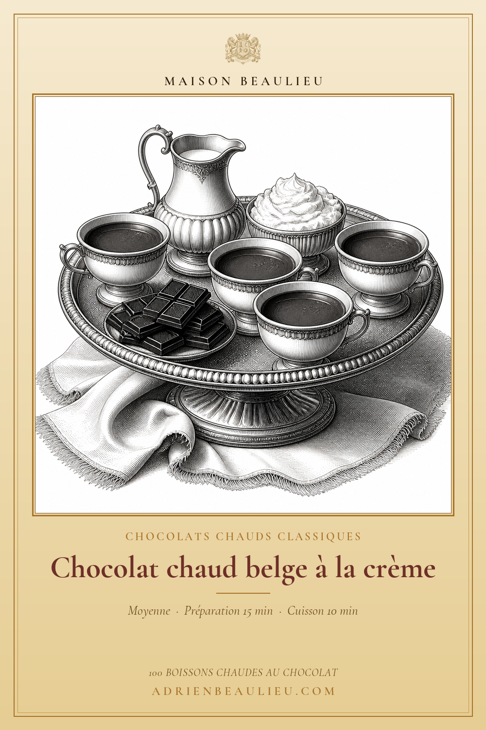 Gravure de quatre tasses de chocolat chaud, accompagnées de crème et de morceaux de chocolat.