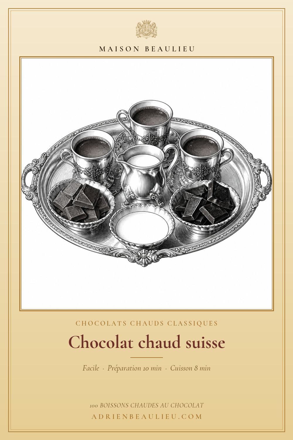 Gravure de trois tasses de chocolat chaud présentées avec du lait et des morceaux de chocolat.