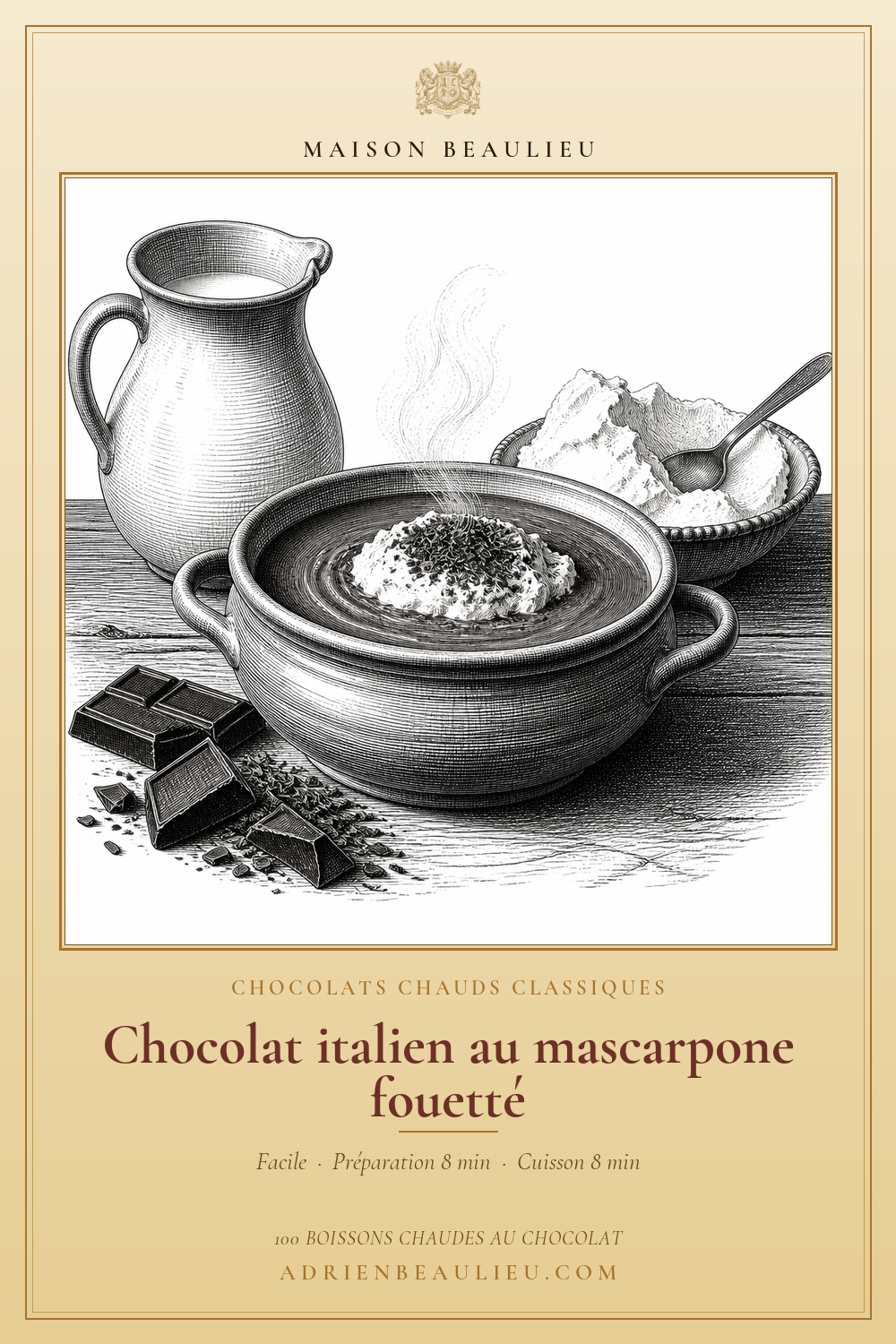 Gravure d’un bol de chocolat chaud garni de crème fouettée, avec un pichet de lait, du mascarpone et des morceaux de chocolat.