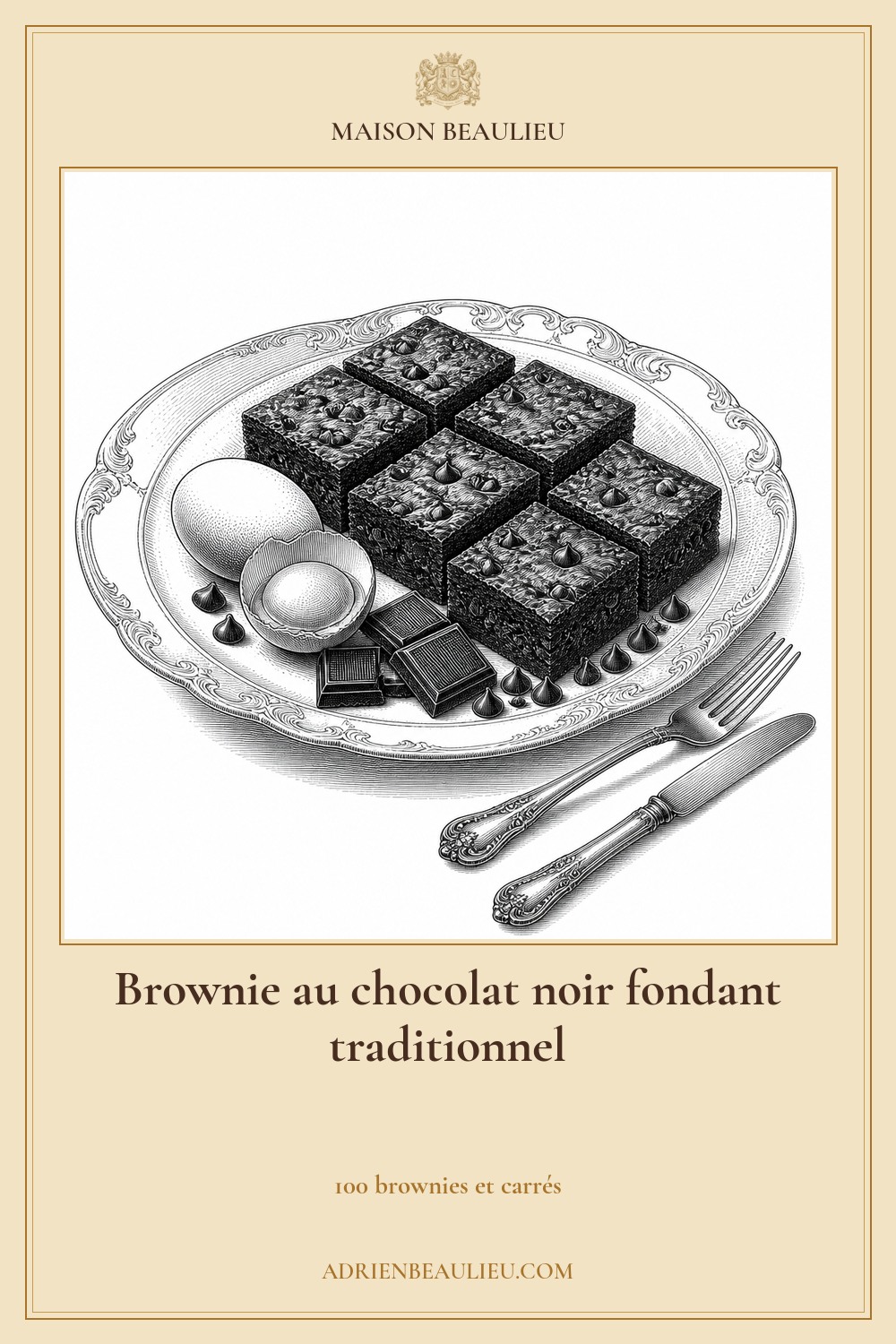 Illustration culinaire : brownie au chocolat noir fondant traditionnel.