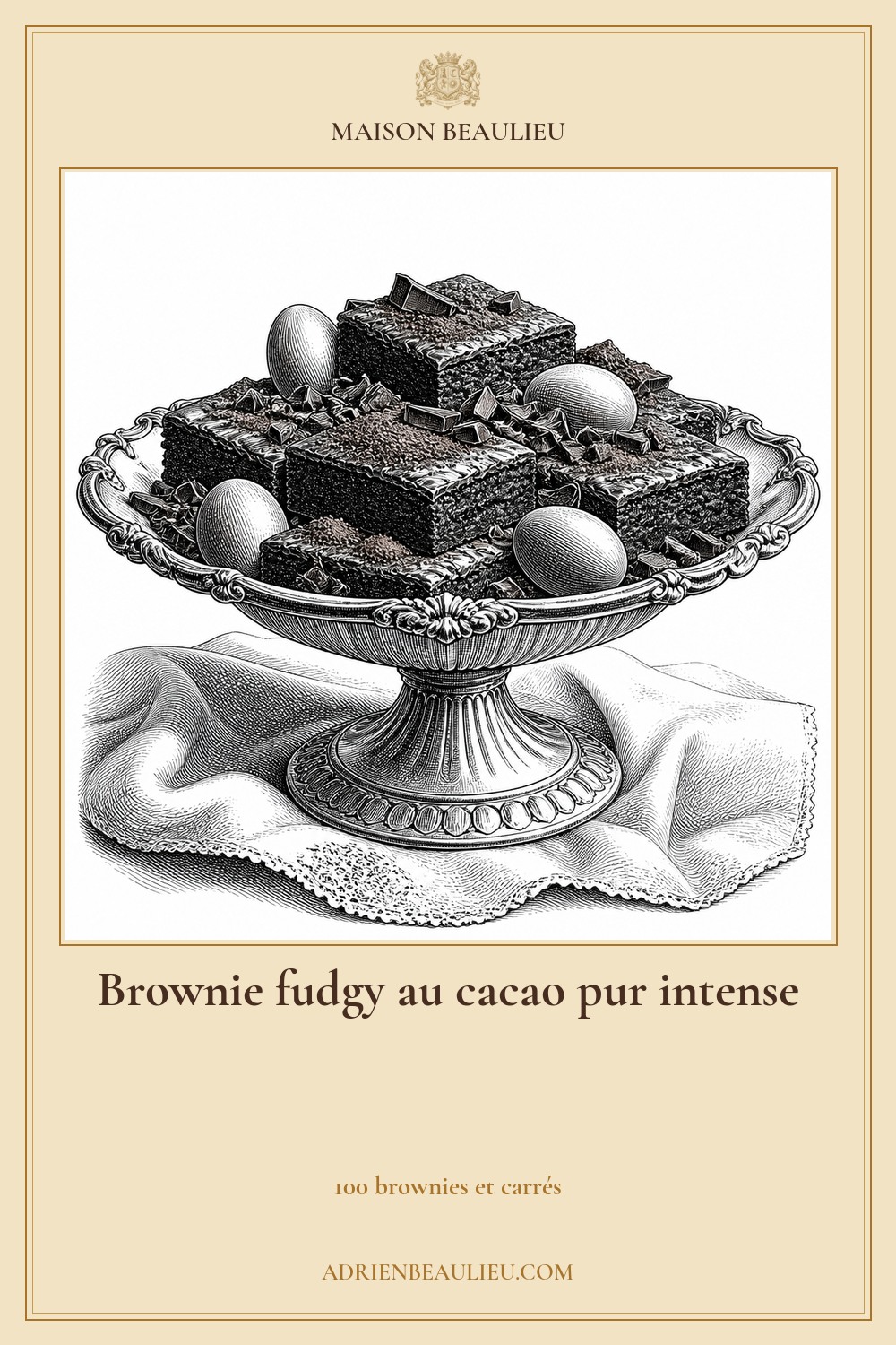 Illustration culinaire : brownie fudgy au cacao pur intense.
