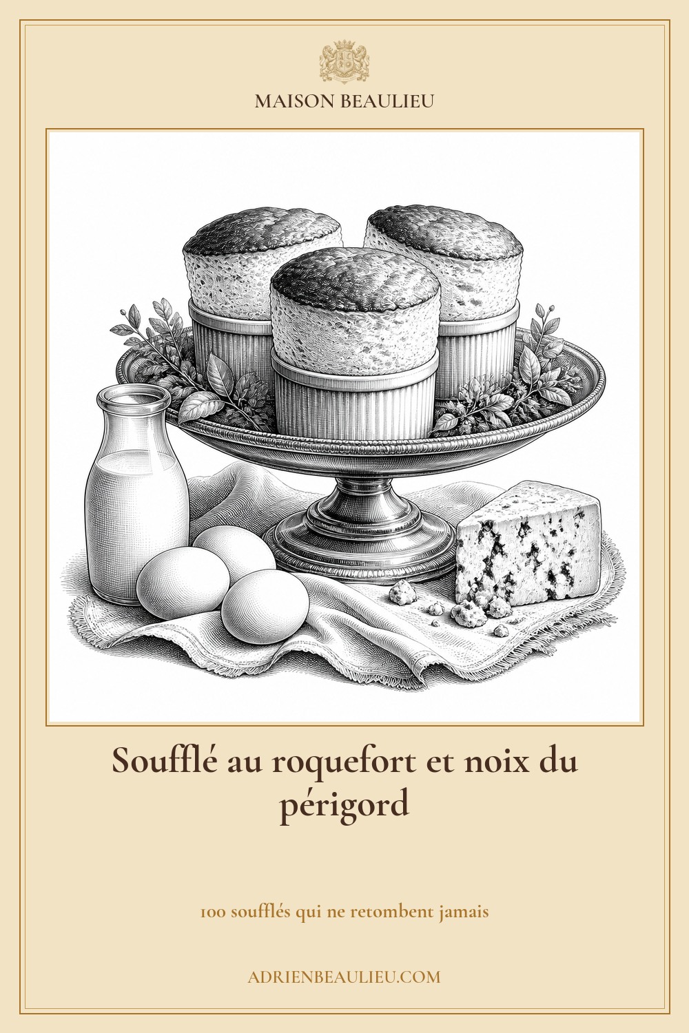 Illustration culinaire : soufflé au roquefort et noix du périgord.