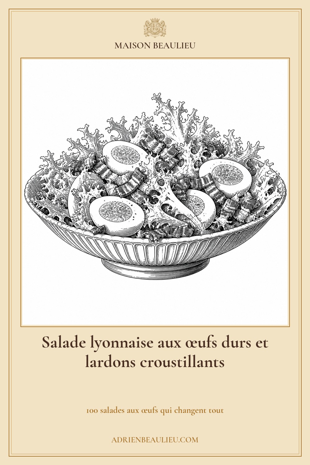 Illustration culinaire : salade lyonnaise aux œufs durs et lardons croustillants.