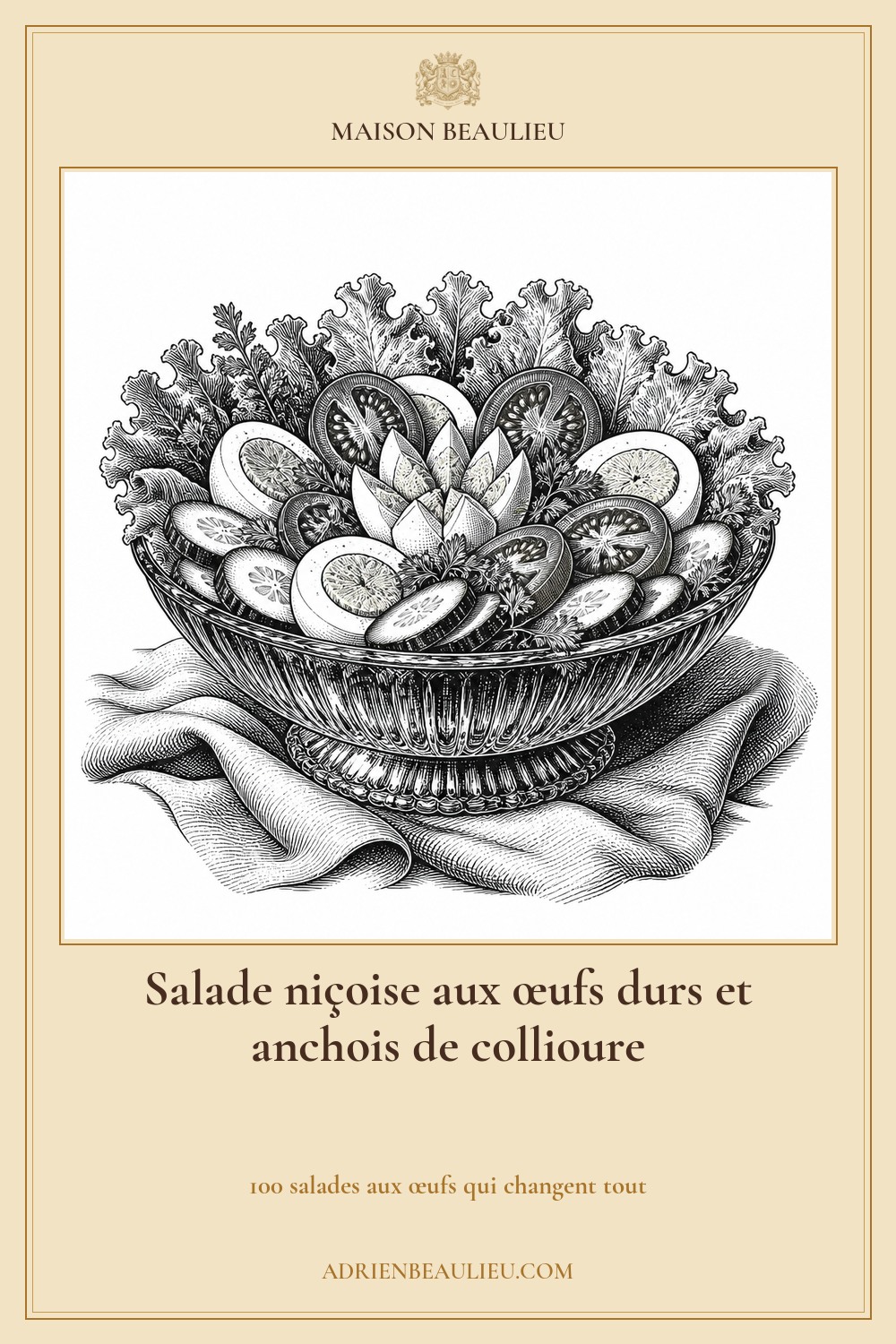 Illustration culinaire : salade niçoise aux œufs durs et anchois de collioure.