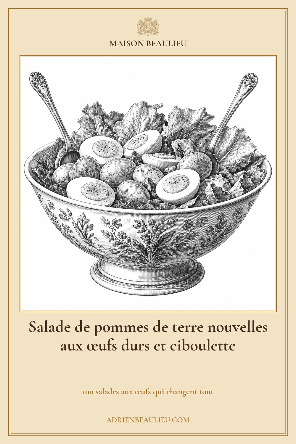 Illustration culinaire : salade de pommes de terre nouvelles aux œufs durs et ciboulette.