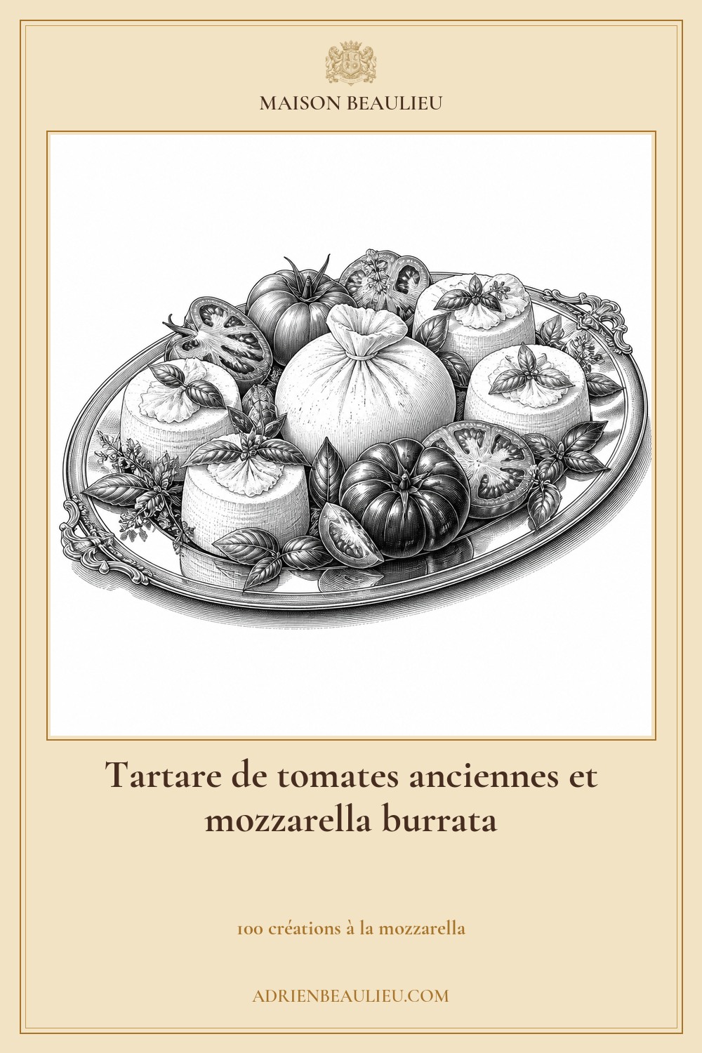 Illustration culinaire : tartare de tomates anciennes et mozzarella burrata.
