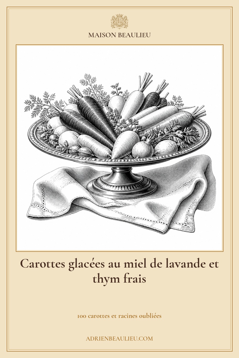 Illustration culinaire : carottes glacées au miel de lavande et thym frais.