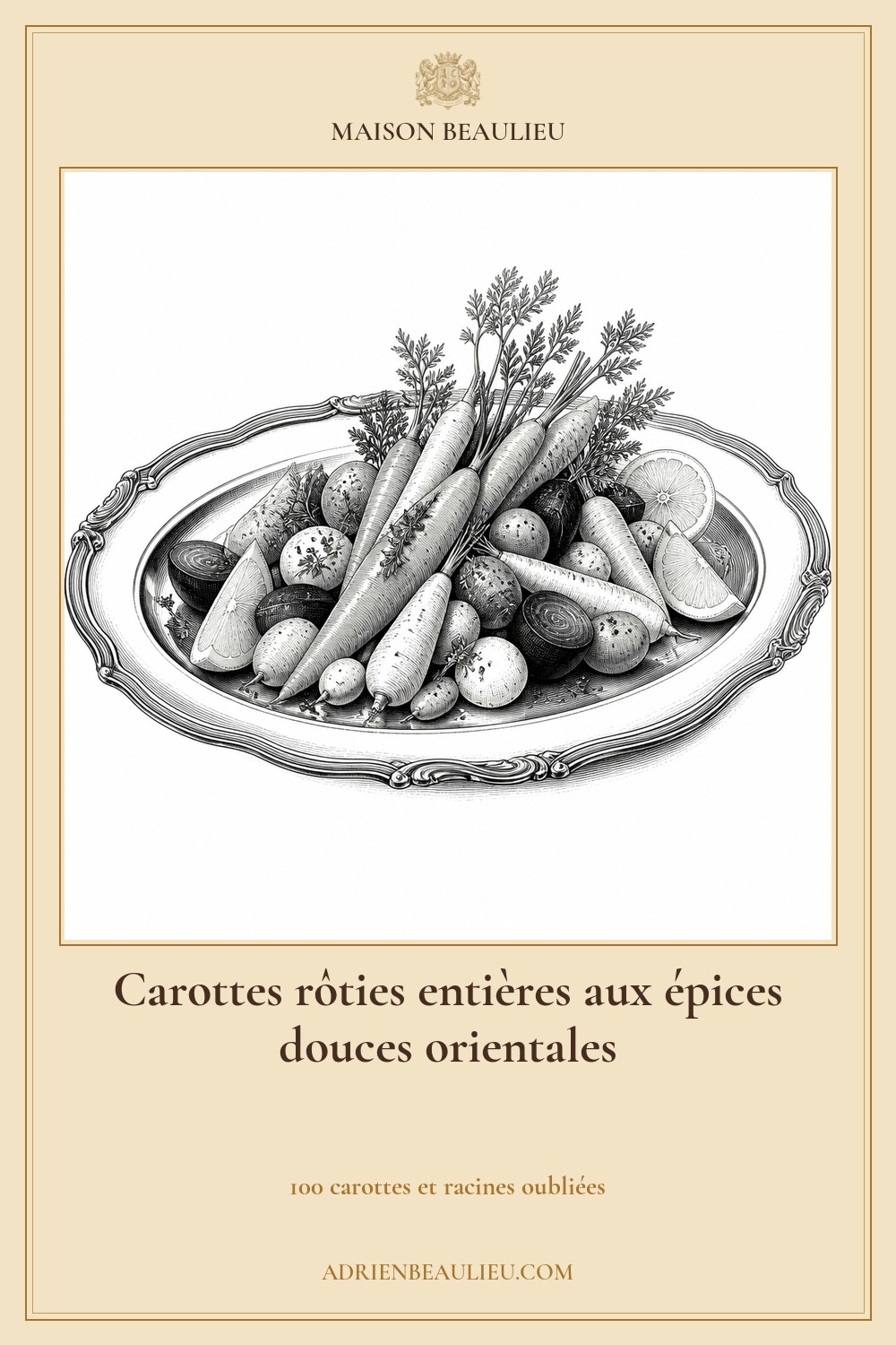 Illustration culinaire : carottes rôties entières aux épices douces orientales.