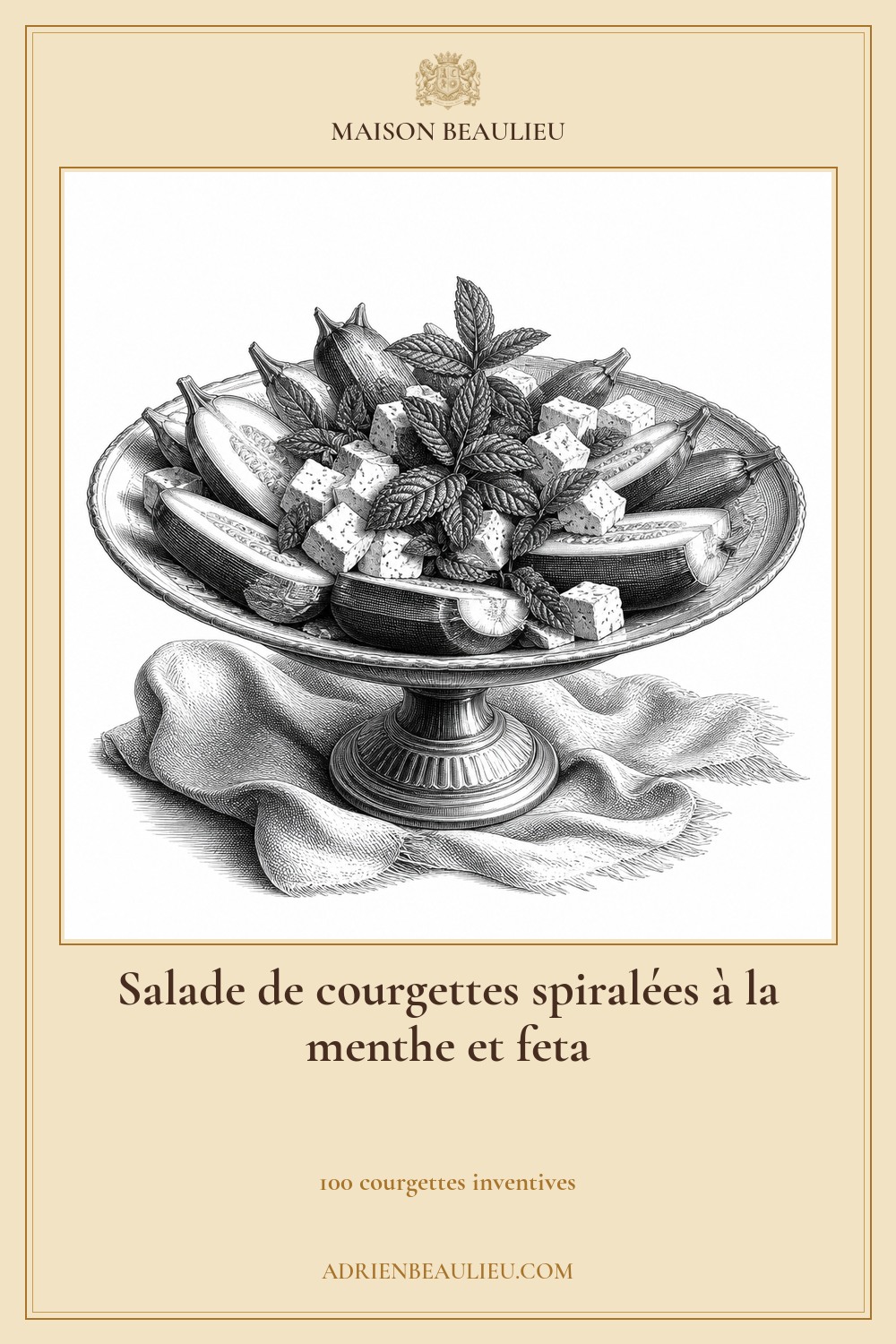 Illustration culinaire : salade de courgettes spiralées à la menthe et feta.