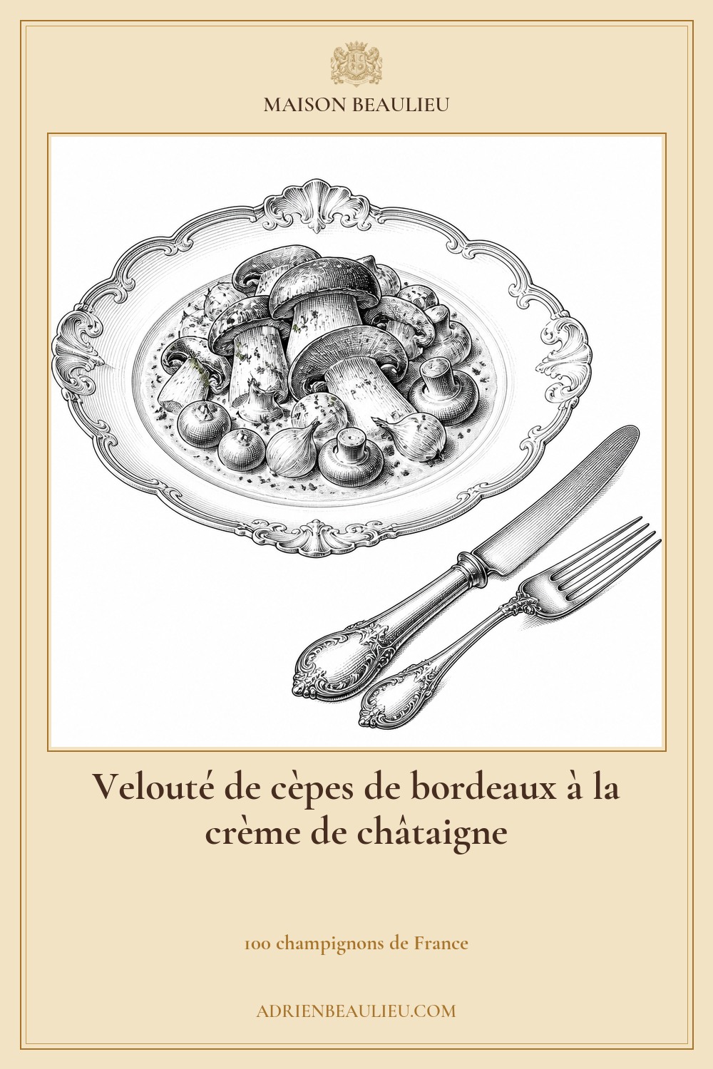 Illustration culinaire : velouté de cèpes de bordeaux à la crème de châtaigne.