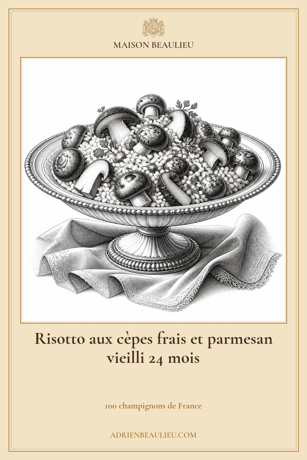Illustration culinaire : risotto aux cèpes frais et parmesan vieilli 24 mois.