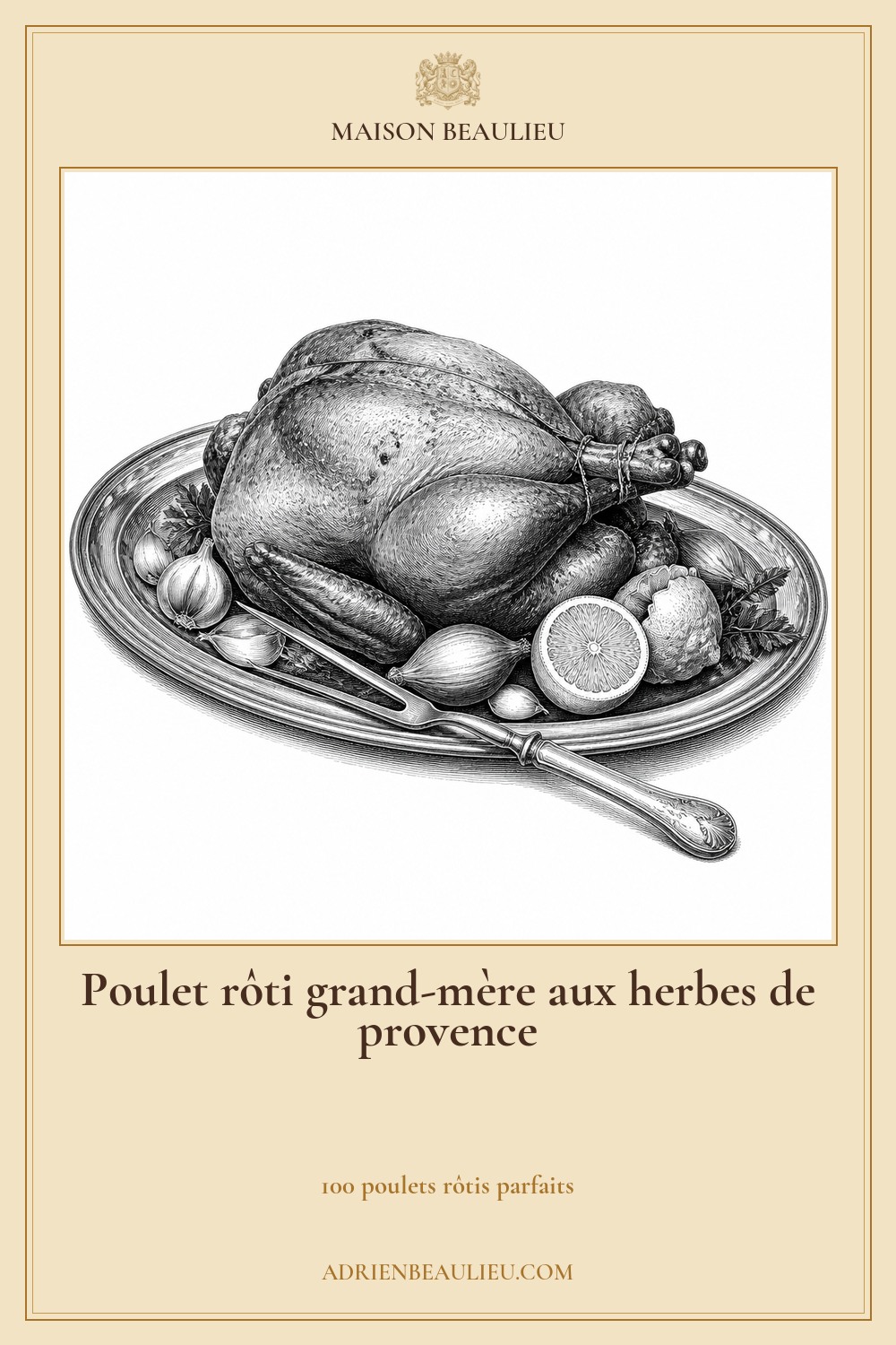 Illustration culinaire : poulet rôti grand-mère aux herbes de provence.