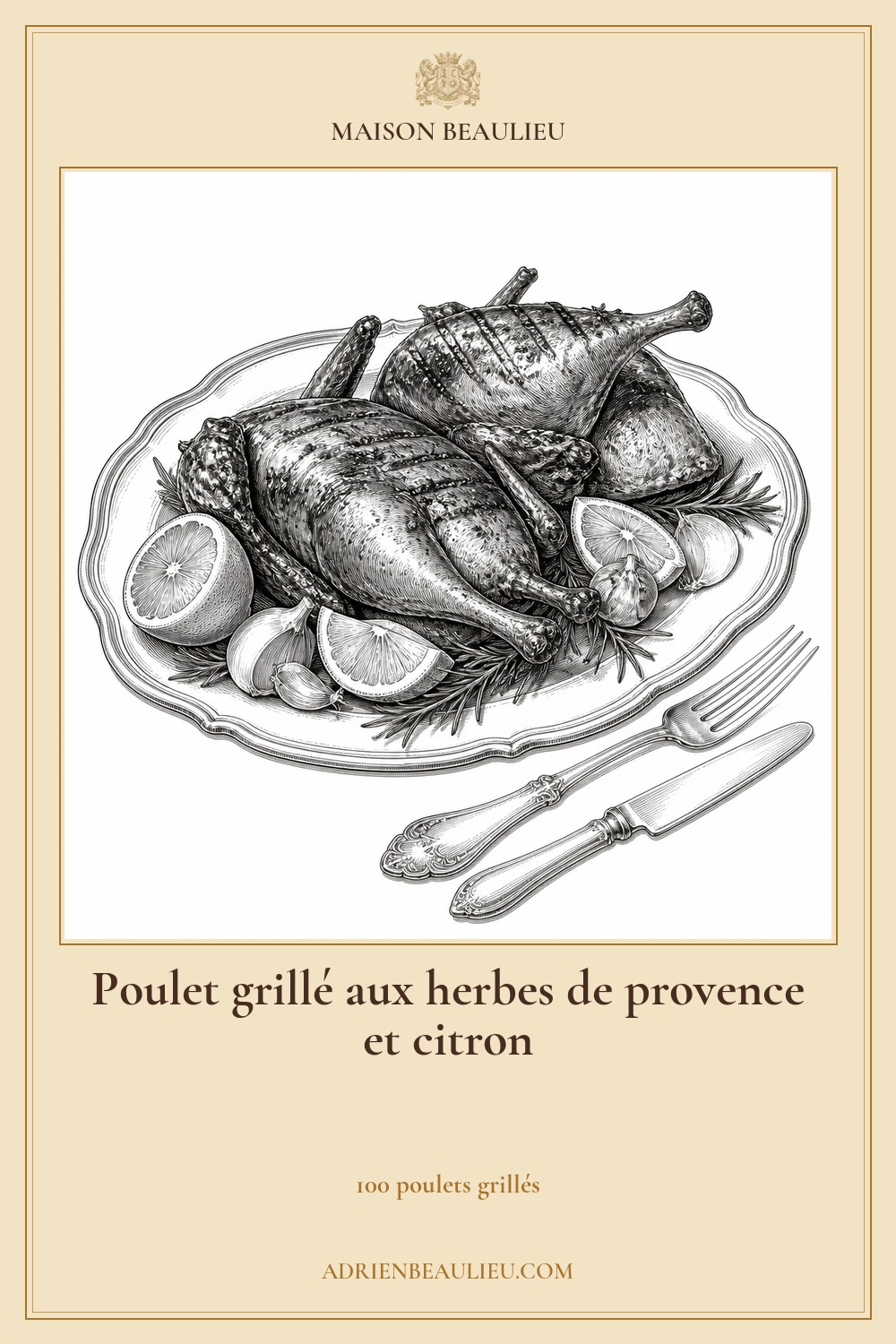 Illustration culinaire : poulet grillé aux herbes de provence et citron.