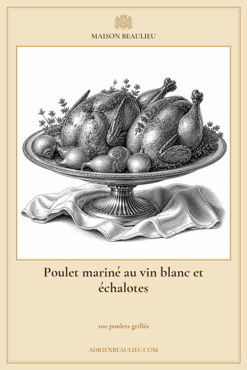 Illustration culinaire : poulet mariné au vin blanc et échalotes.